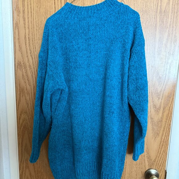 Vintage 80s 90s JUST SASHA Blue Teal Chenille LS Mock Neck Tunic Sweater Size M - Picture 2 of 9